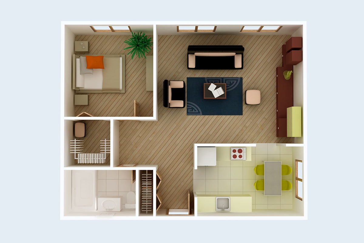 A set of blueprints for different types of apartments, including studio and railroad