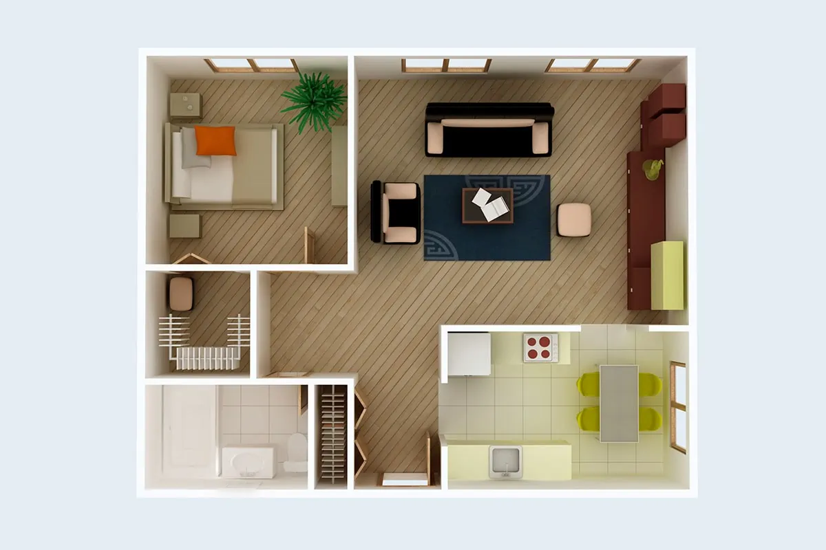 A set of blueprints for different types of apartments, including studio and railroad